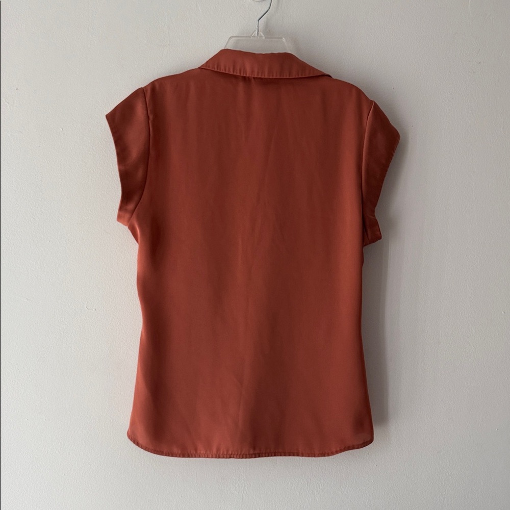 NEW DR2 by Daniel Rainn Ruched Satin Button-Front Cap Sleeve Blouse CINNAMON - Picture 3 of 4